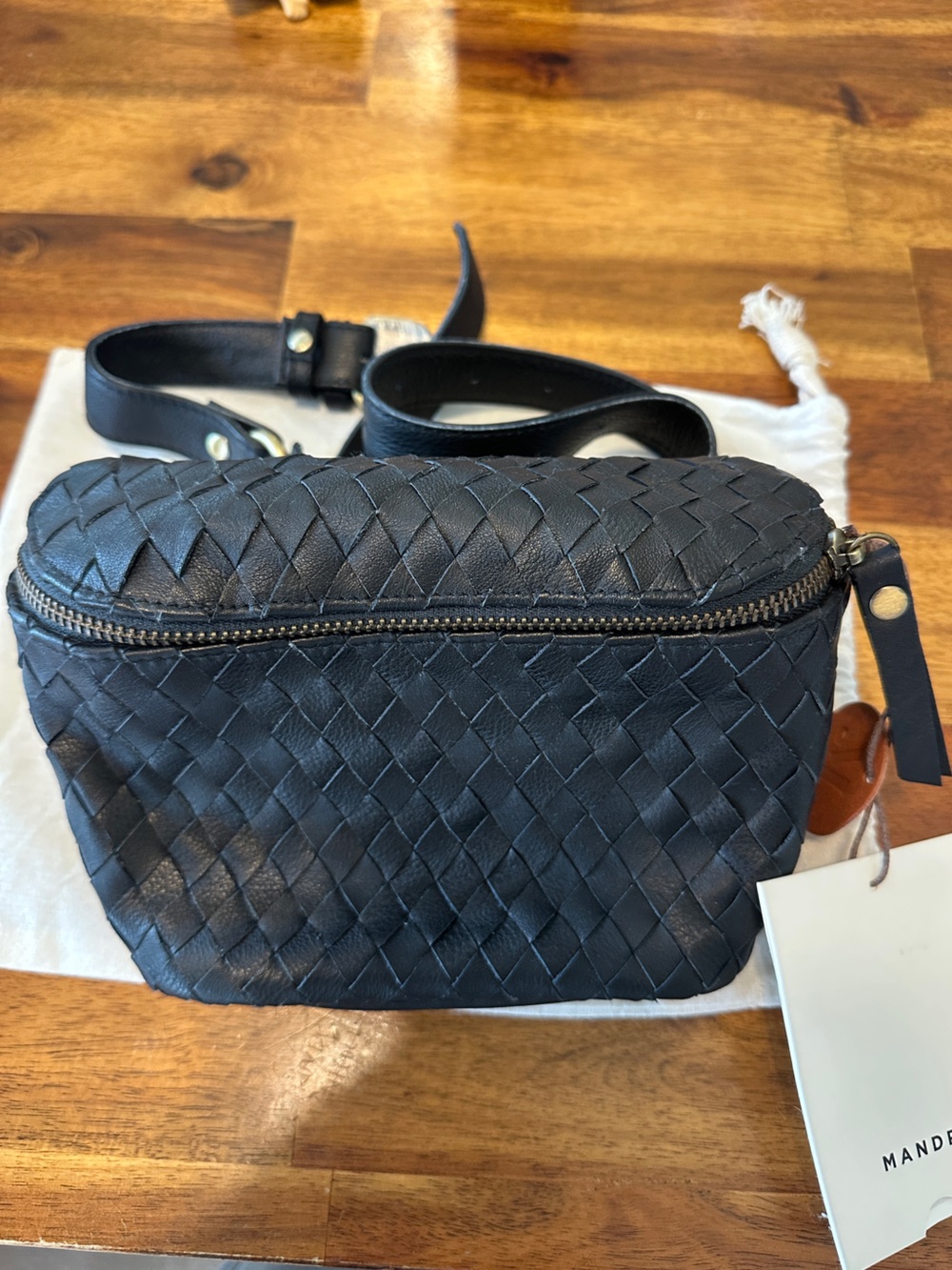 Woven Leather Crossbody Bag With Attachable Wallet - Black